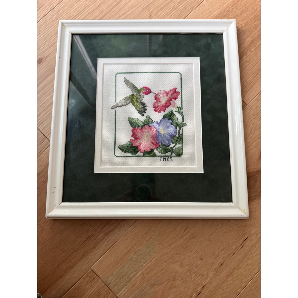 Handmade Framed Hummingbird Cross Stitch Art 12x13 White Green Floral 2005 - Picture 1 of 8